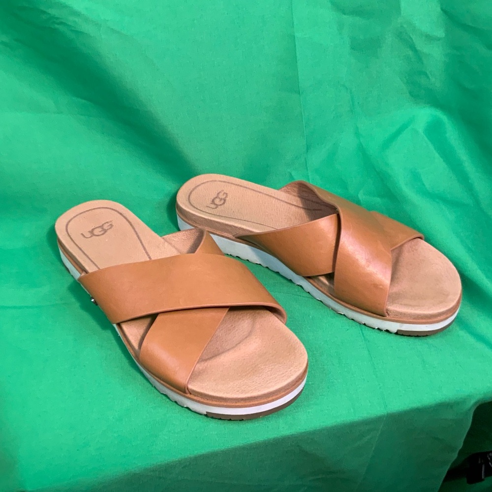 UGG Leather Tan Slide Sandals - Picture 9 of 9